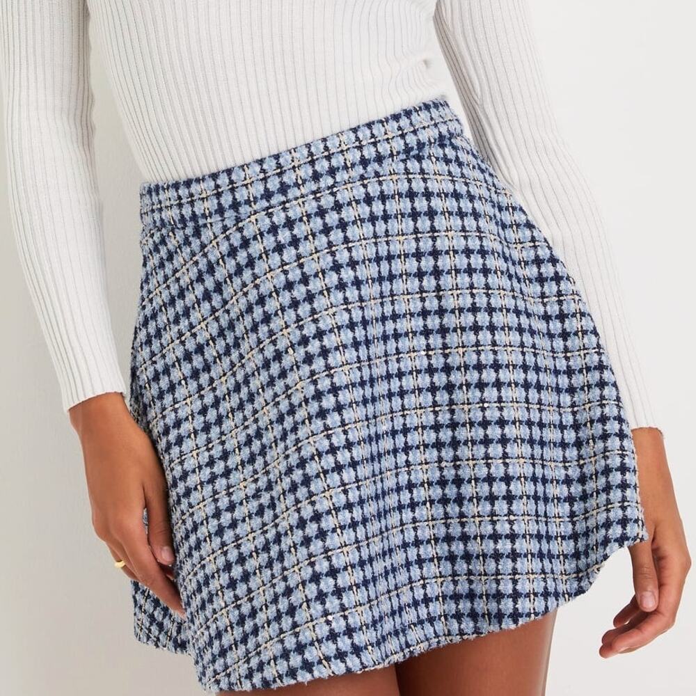 Chic Expertise Blue Multi Boucle Lurex Mini Skater Skirt by LULUS in Large